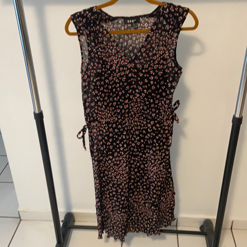 DKNY, size 2, abstract red and white print dress with bow ties on waist.